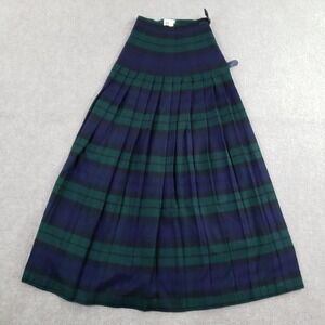 Vintage Burberrys Skirt Women 6 Green Blue Tartan Pleated Wrap Cashmere Wool 80s